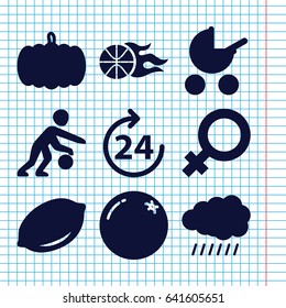 Set of 9 orange filled icons such as sun, pumpkin, orange, lemon, 24 hours, baby stroller, female, basketball