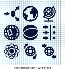 Set of 9 orbit filled icons such as globe, qround the globe, atom, planet