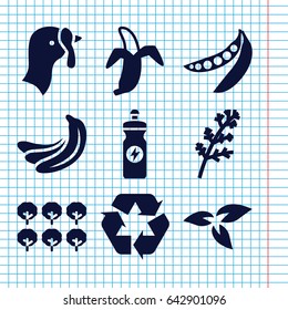 Set of 9 organic filled icons such as plant, turkey, banana, deel, tree, energy drink, peas