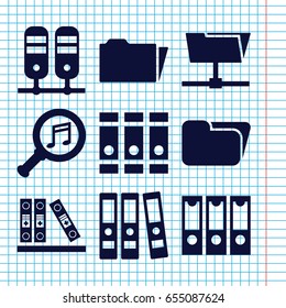 Set of 9 organize filled icons such as binder, serach music