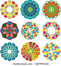 set of 9 ornament circle abstract motifs. Color full.  to decorate and design greeting cards, certificates, wedding invitations