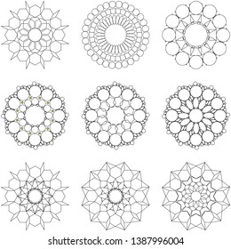 set of 9 ornament circle abstract motifs. black and white color.  to decorate and design greeting cards, certificates, wedding invitations