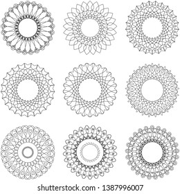 set of 9 ornament circle abstract motifs. black and white color.  to decorate and design greeting cards, certificates, wedding invitations