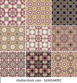 Set of  9 ornamental golden - lilac, pink laced  vector  textures