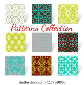Set of 9 ornamental patterns, seamless design. Vector