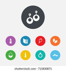 Set Of 9 Ornamentation Icons Set.Collection Of Necktie, Mitten, Woman Hat And Other Elements.