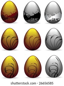 set of 9 ornate easter eggs - silver and gold - vector illustrations