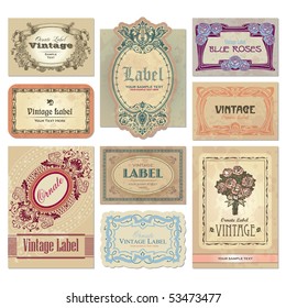 Set of 9 ornate vintage labels, vector illustration. Old fashioned backgrounds with typography. Engraving style ornaments and frames. Retro elements for your design.