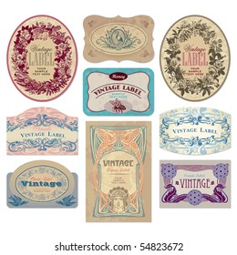 Set of 9 ornate vintage labels, vector illustration. Old fashioned backgrounds with typography. Engraving style ornaments and frames. Retro elements for your design.