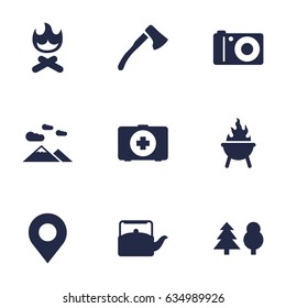 Set Of 9 Outdoor Icons Set.Collection Of Bbq, Tree, Photo Camera And Other Elements.