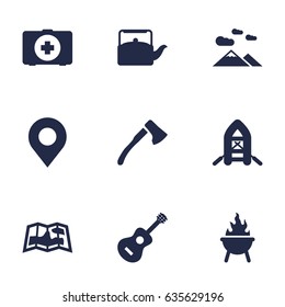 Set Of 9 Outdoor Icons Set.Collection Of Inflatable Raft, Acoustic, Landscape Elements.