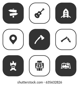 Set Of 9 Outdoor Icons Set.Collection Of Wood Axe, Campfire, Inflatable Raft And Other Elements.