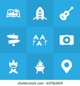 Set Of 9 Outdoor Icons Set.Collection Of Campfire, First Aid Box, Signpost And Other Elements.