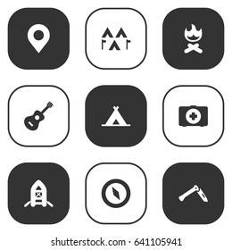 Set Of 9 Outdoor Icons Set.Collection Of Camp, Tent, Location And Other Elements.