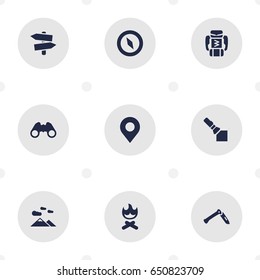 Set Of 9 Outdoor Icons Set.Collection Of Campfire, Magnet Navigatior, Signpost And Other Elements.