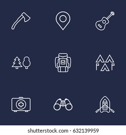 Set Of 9 Outdoor Outline Icons Set.Collection Of Ax, Encampment, Medical Kit And Other Elements.