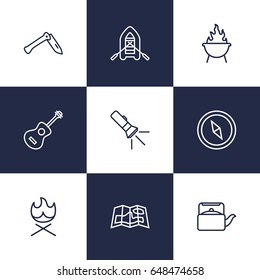 Set Of 9 Outdoor Outline Icons Set.Collection Of Grill, Penknife, Teapot And Other Elements.