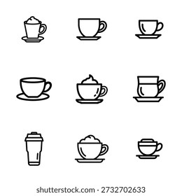 Conjunto de 9 iconos de café y té de contorno que incluyen espresso, café con leche, capuchino, taza y taza para llevar. Estilo de Vector plano minimalista, escalable y perfecto para UI, Web y diseño de impresión.
