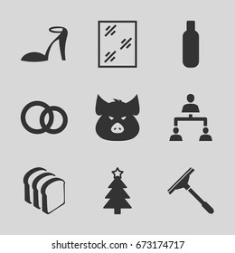  set of 9 outline filled icons such as pig, bottle, heel sandals, window squeegee, christmas tree, bread slices, structure