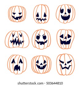 Set of 9 outline halloween pumpkins, isolated vector symbol of Halloween, cute expressions in cartoon style, EPS 8