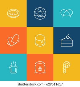 Set Of 9  Outline Icons Set.Collection Of Donuts, Gloves, Pudding And Other Elements.