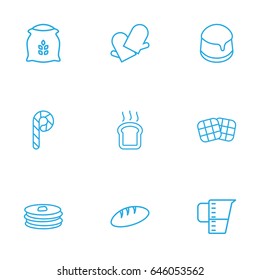 Set Of 9  Outline Icons Set.Collection Of Pancakes, Bread, Candy Cane Elements.