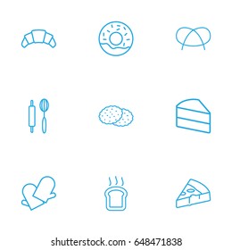 Set Of 9  Outline Icons Set.Collection Of Cake, Croissant, Gloves And Other Elements.