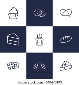 Set Of 9  Outline Icons Set.Collection Of Waffle, Pretzel, Cookie And Other Elements.