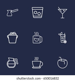 Set Of 9  Outline Icons Set.Collection Of Pot, Cocktail, Lime And Other Elements.