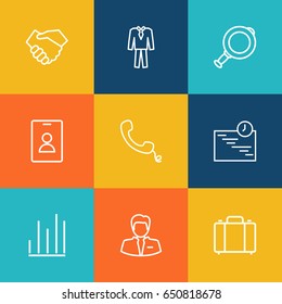 Set Of 9  Outline Icons Set.Collection Of Magnifier, Suit, Businessman And Other Elements.