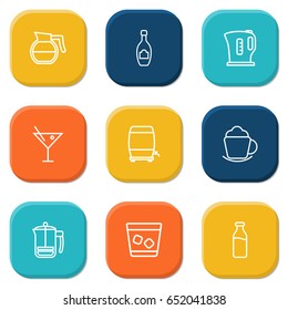 Set Of 9  Outline Icons Set.Collection Of Hotdrink, Cocktail, Kettle And Other Elements.