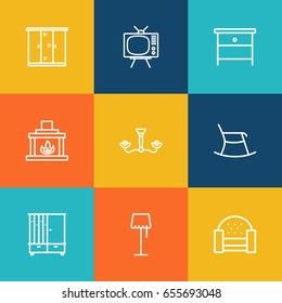 Set Of 9 Set Outline Icons Set.Collection Of Closet, Tv Set, Sofa And Other Elements.