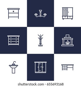 Set Of 9 Set Outline Icons Set.Collection Of Hall Tree, Washbasin, Chandelier Elements.