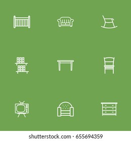 Set Of 9 Set Outline Icons Set.Collection Of Armchair, Moving Chair, Table And Other Elements.