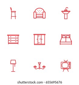 Set Of 9 Set Outline Icons Set.Collection Of Closet, Tv Set, Double Bed And Other Elements.