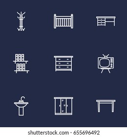 Set Of 9 Set Outline Icons Set.Collection Of Hanger, Desk, Table And Other Elements.