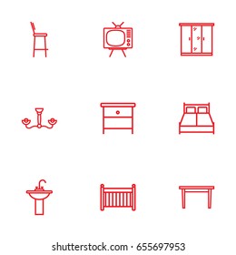 Set Of 9 Set Outline Icons Set.Collection Of Closet, Bar Stool, Double Bed And Other Elements.