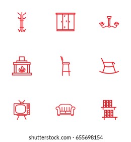 Set Of 9 Set Outline Icons Set.Collection Of Bookshelf, Tv Set, Closet And Other Elements.