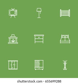 Set Of 9 Set Outline Icons Set.Collection Of Double Bed, Closet, Floor Lapm And Other Elements.