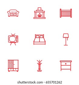 Set Of 9 Set Outline Icons Set.Collection Of Armchair, Crib, Tv Set And Other Elements.