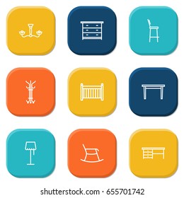 Set Of 9 Set Outline Icons Set.Collection Of Desk, Drawer Unit, Hanger And Other Elements.