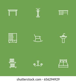 Set Of 9 Set Outline Icons Set.Collection Of Desk, Double Bed, Table And Other Elements.
