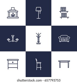 Set Of 9 Set Outline Icons Set.Collection Of Table, Nightstand, Bar Stool Elements.