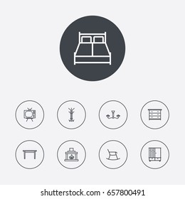 Set Of 9 Set Outline Icons Set.Collection Of Tv Set , Chandelier, Fireplace Elements.