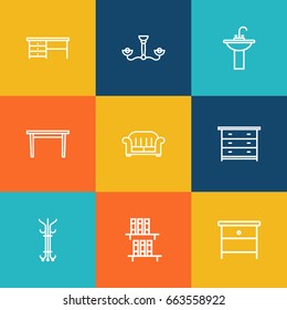 Set Of 9 Set Outline Icons Set.Collection Of Washbasin, Table, Bookshelf And Other Elements.