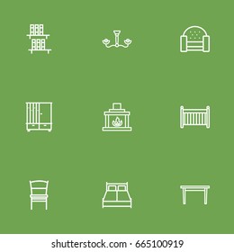 Set Of 9 Set Outline Icons Set.Collection Of Sofa, Bookshelf, Fireplace And Other Elements.