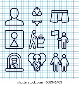 Set of 9 outline icons such as airport officer, elephant, man, female WC, man underwear, swimsuit, man with flag, couple
