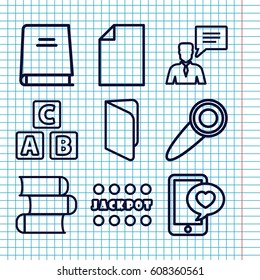 Set of 9 outline icons such as ABC cube, Jackpot, phone with heart, man with chat bubble, book, door knob