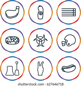 set of 9 outline icons such as nail polish, hot dog, donut, water bottle, guitar strings