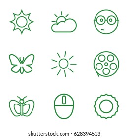 set of 9 outline icons such as butterfly, sun, mouse, sun cloud, nerd emoji